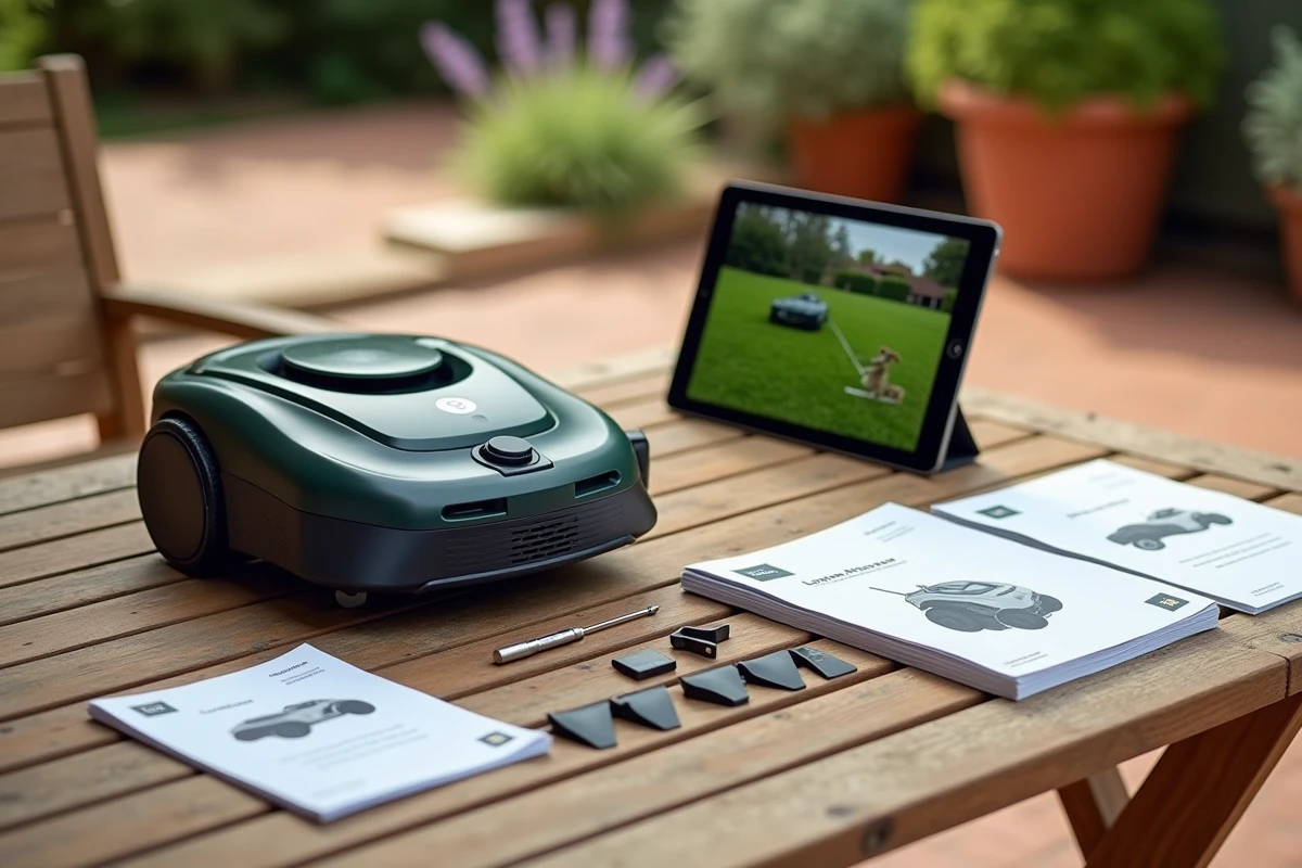 Vue à plat d'un robot tondeuse démonté avec tablette et accessoires sur une terrasse