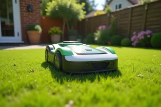 Robot tondeuse Kress en action sur une pelouse résidentielle bien entretenue