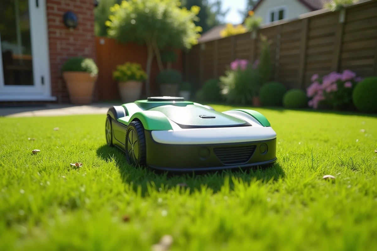 Robot tondeuse Kress en action sur une pelouse résidentielle bien entretenue