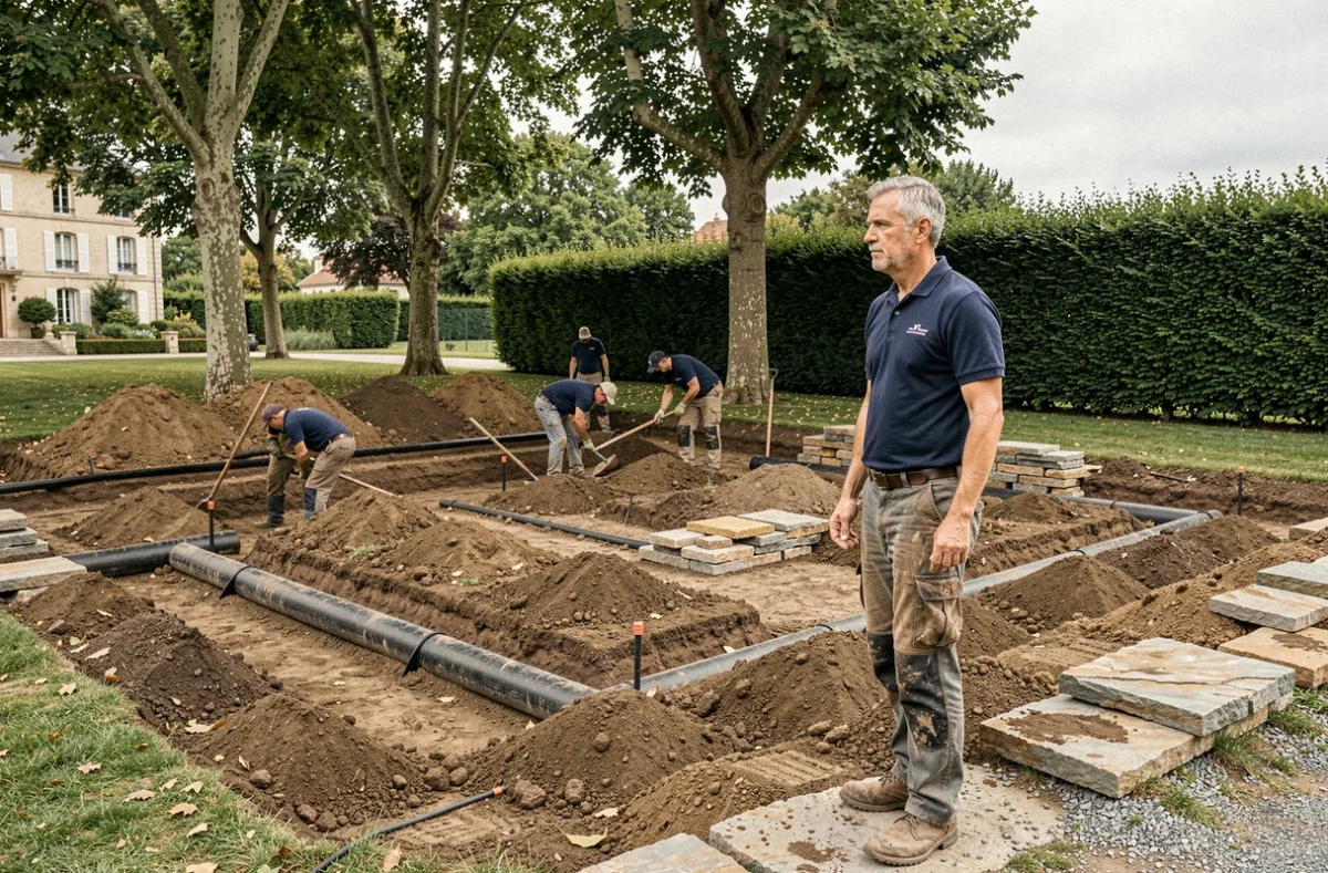 Chantier paysager de grande envergure supervisé par Sallamand SARL dans un parc résidentiel lyonnais