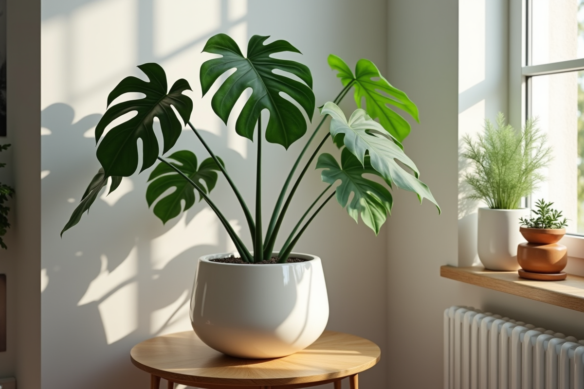 Salon moderne avec plante monstera verte dans un pot blanc