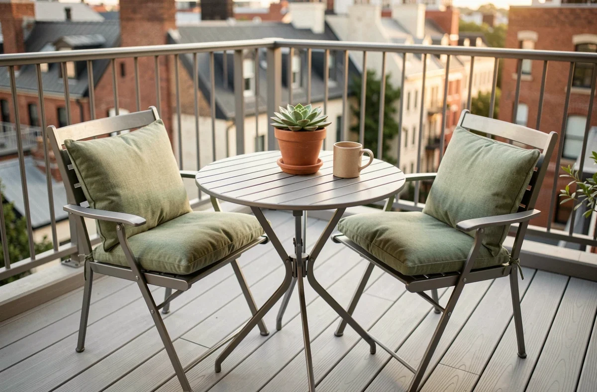 Salon de jardin bistro compact en métal sur un petit balcon urbain avec chaises à dossier à lattes et table ronde