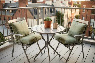 Salon de jardin bistro compact en métal sur un petit balcon urbain avec chaises à dossier à lattes et table ronde
