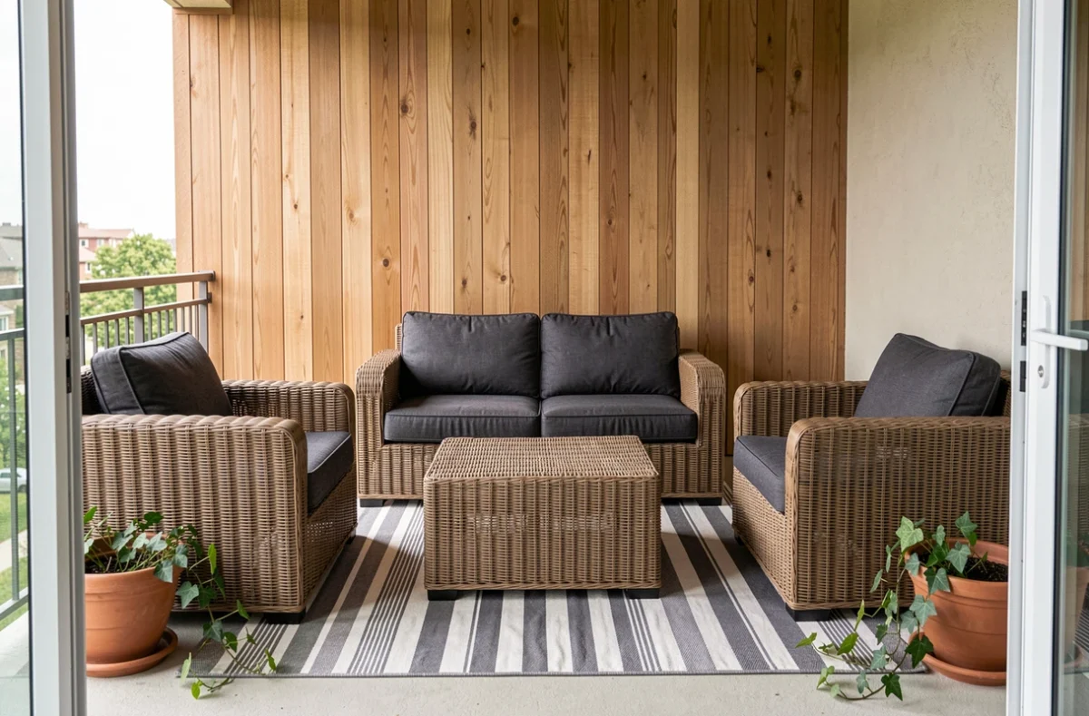 Salon de jardin en résine tressée gris anthracite avec canapé et fauteuils sur balcon avec tapis et plantes en pot