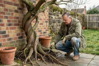 Saule tortueux planté trop près d'un mur de briques avec des racines envahissant les dalles du jardin, homme examinant les dégâts