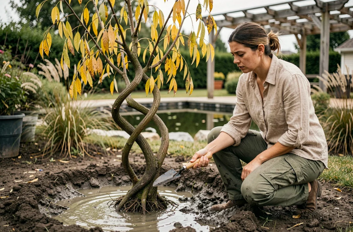 Jeune saule tortueux souffrant d'un excès d'eau dans un sol mal drainé près d'un bassin de jardin, femme inspectant les racines asphyxiées