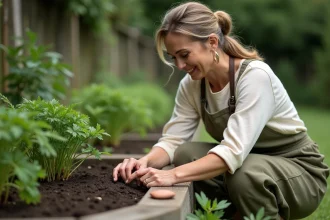 Femme qui sème des graines de persil bio dans un carré de jardin en bois avec un sol riche et sombre