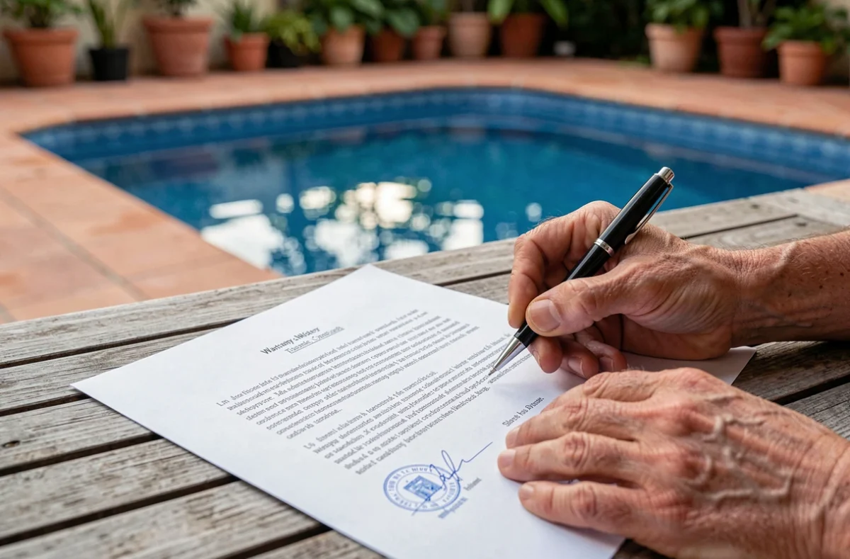 Signature d'un contrat de garantie pour une piscine coque avec un pisciniste professionnel