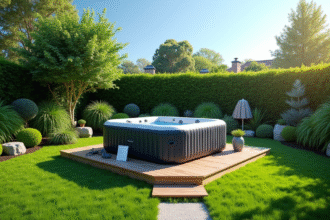 Spa gonflable moderne sur pelouse bien entretenue