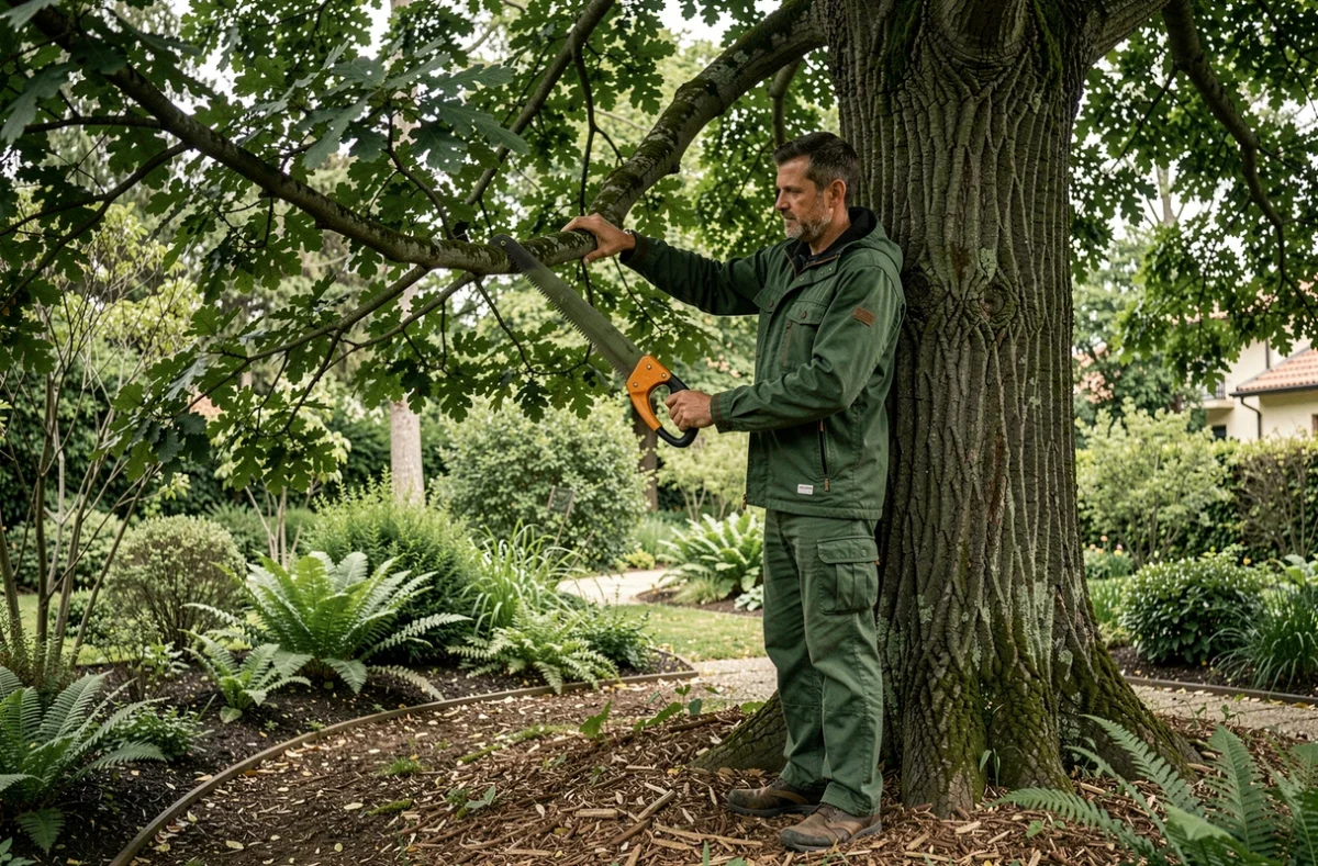Paysagiste de Sylva Jardins Paysages élagant un chêne majestueux dans un jardin boisé naturel près de Lyon