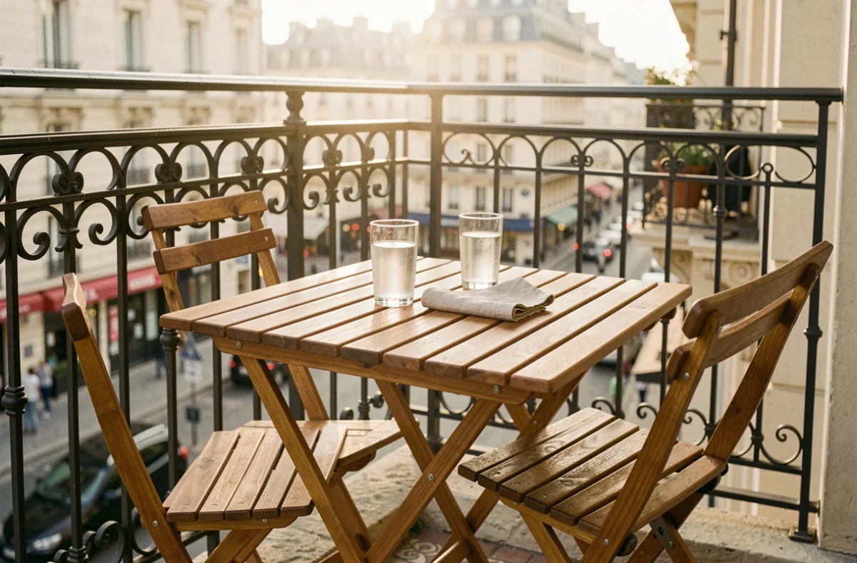Table de jardin en bois acacia et chaises pliantes sur balcon haussmannien avec vue sur rue parisienne en arrière-plan