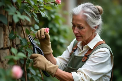 Femme taillant un rosier grimpant avec un sécateur dans un jardin de cottage, technique de coupe en respectant les bourgeons
