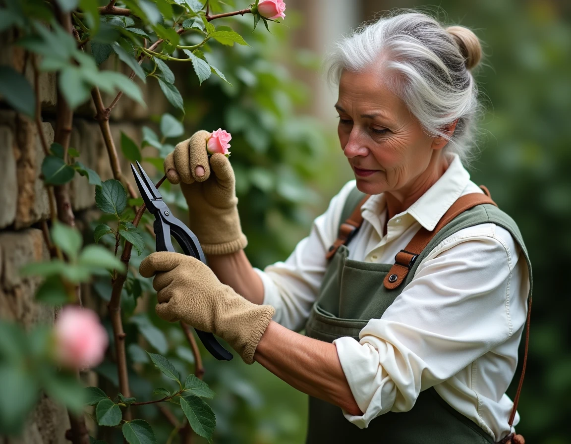 Femme taillant un rosier grimpant avec un sécateur dans un jardin de cottage, technique de coupe en respectant les bourgeons
