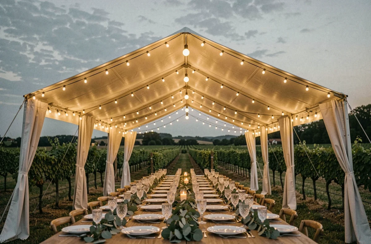 Tente de mariage en vignoble décorée avec des guirlandes solaires extérieures zigzaguant sous la toile au crépuscule