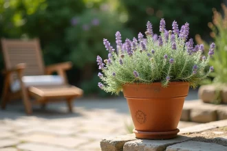 Plant de thym en pot en terre cuite placé en bordure de terrasse en pierre, avec des fleurs violettes et un feuillage dense