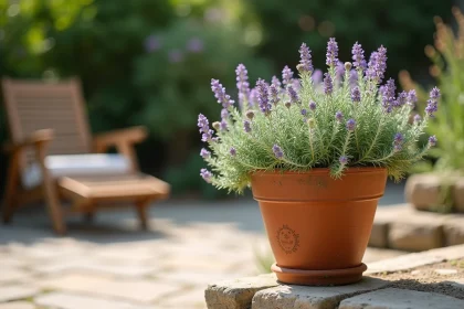 Plant de thym en pot en terre cuite placé en bordure de terrasse en pierre, avec des fleurs violettes et un feuillage dense