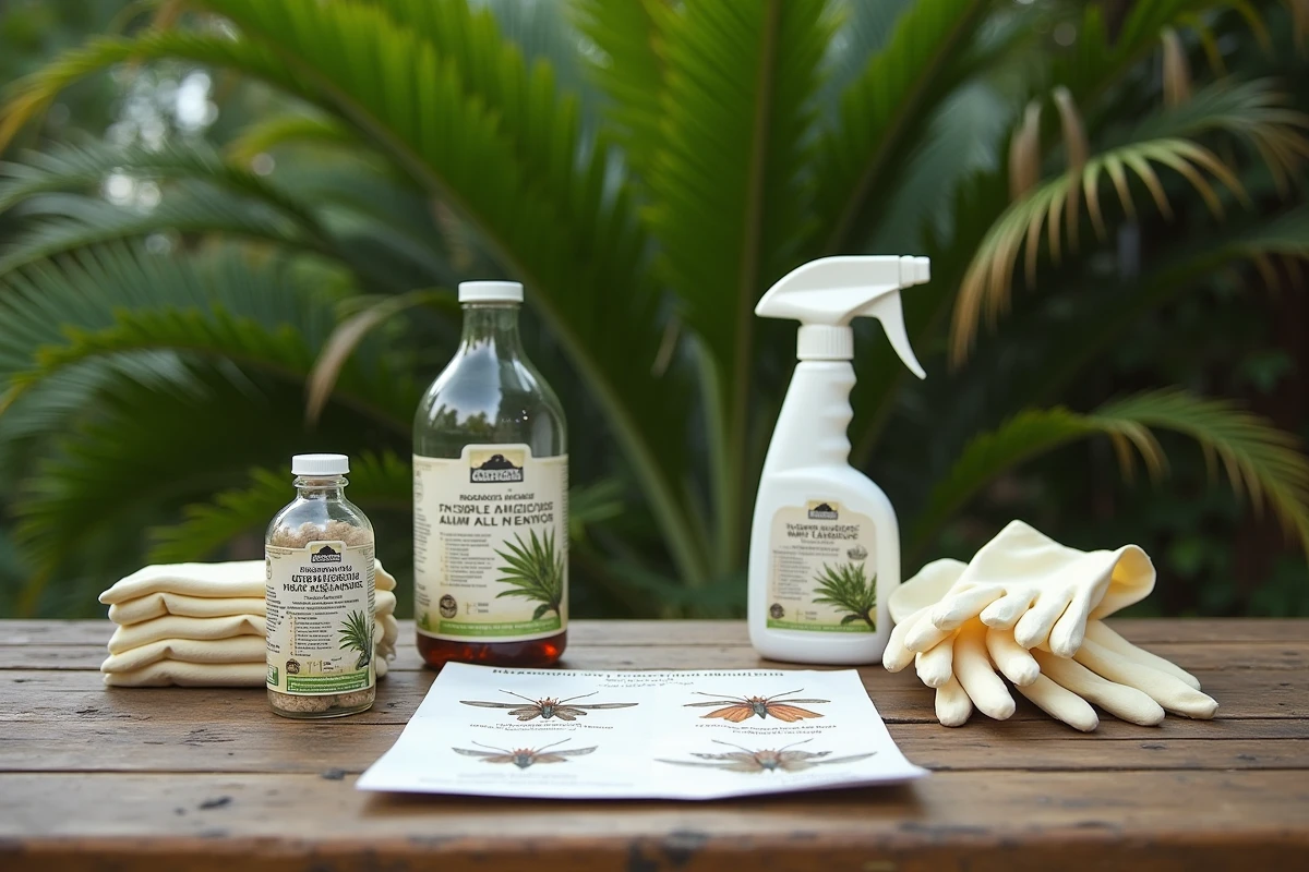 Produits de traitement contre le papillon palmier Paysandisia archon disposés sur une table de jardin avec fiche d'identification des larves