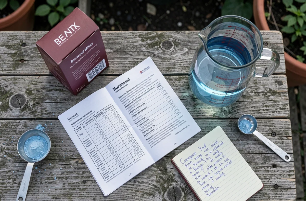 Vue de dessus d'un dosage de bouillie bordelaise avec boîte, cuillère doseuse, carnet de notes et cruche d'un litre sur table en bois