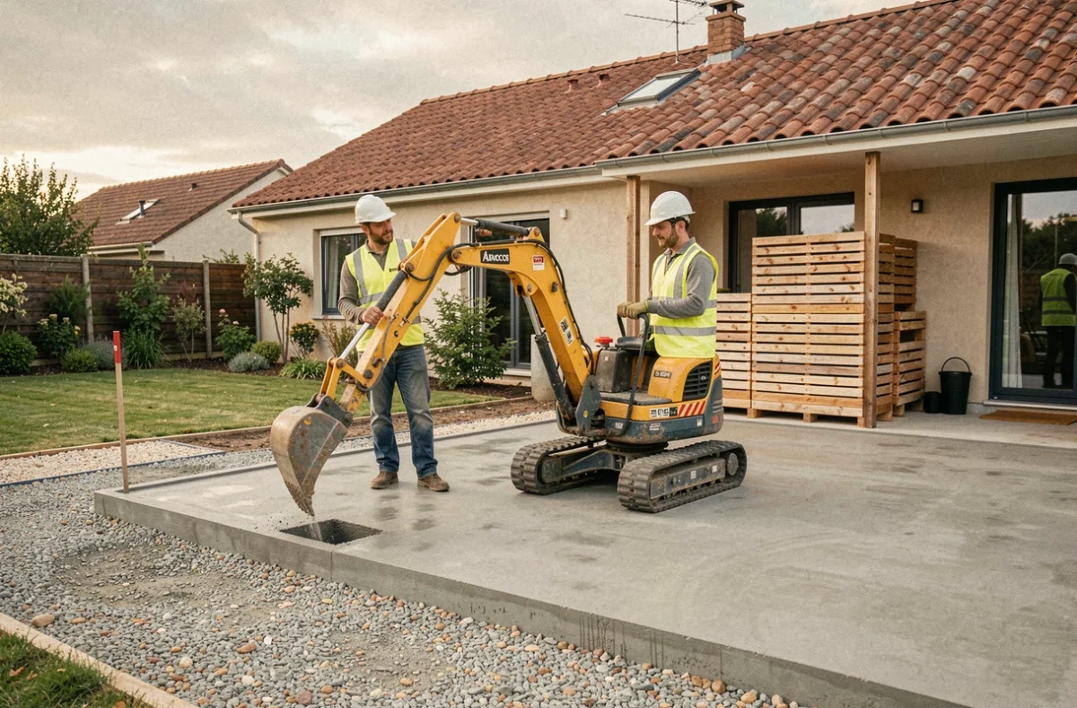 Équipe WALCONSTRUCTION aménageant une terrasse extérieure dans un jardin du Tarn